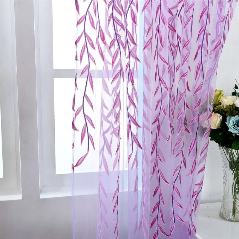 Green Purple Willow Sheer Curtains Window Yarn for Living Room Tulle C