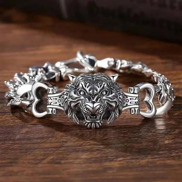 Retro Viking Double Wolf Head Leather Bracelet in USA