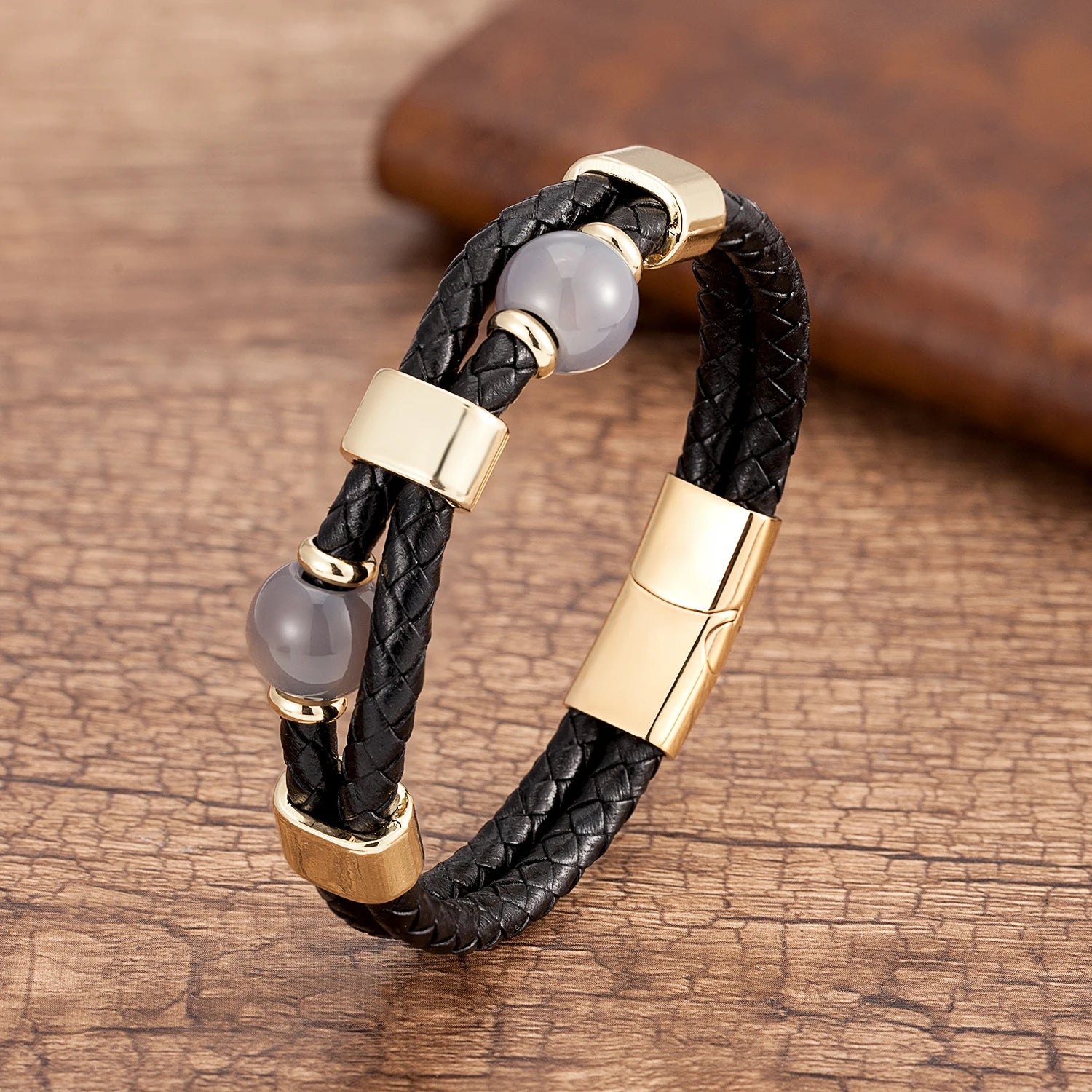 Round Stone Beads Genuine Leather Bracelet Men Stainless in USA