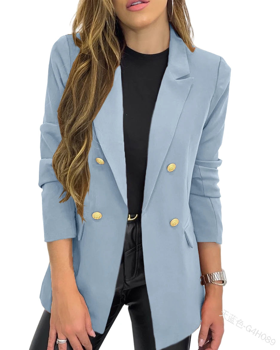 Women's Classic Buttons Slim Fitting Blazer Jacket Solid Color in USA.