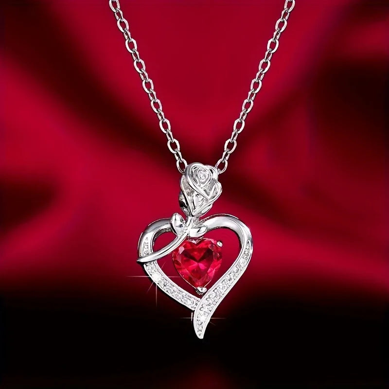 Luxury Red Zircon Heart Necklace Rose Gift Box in USA