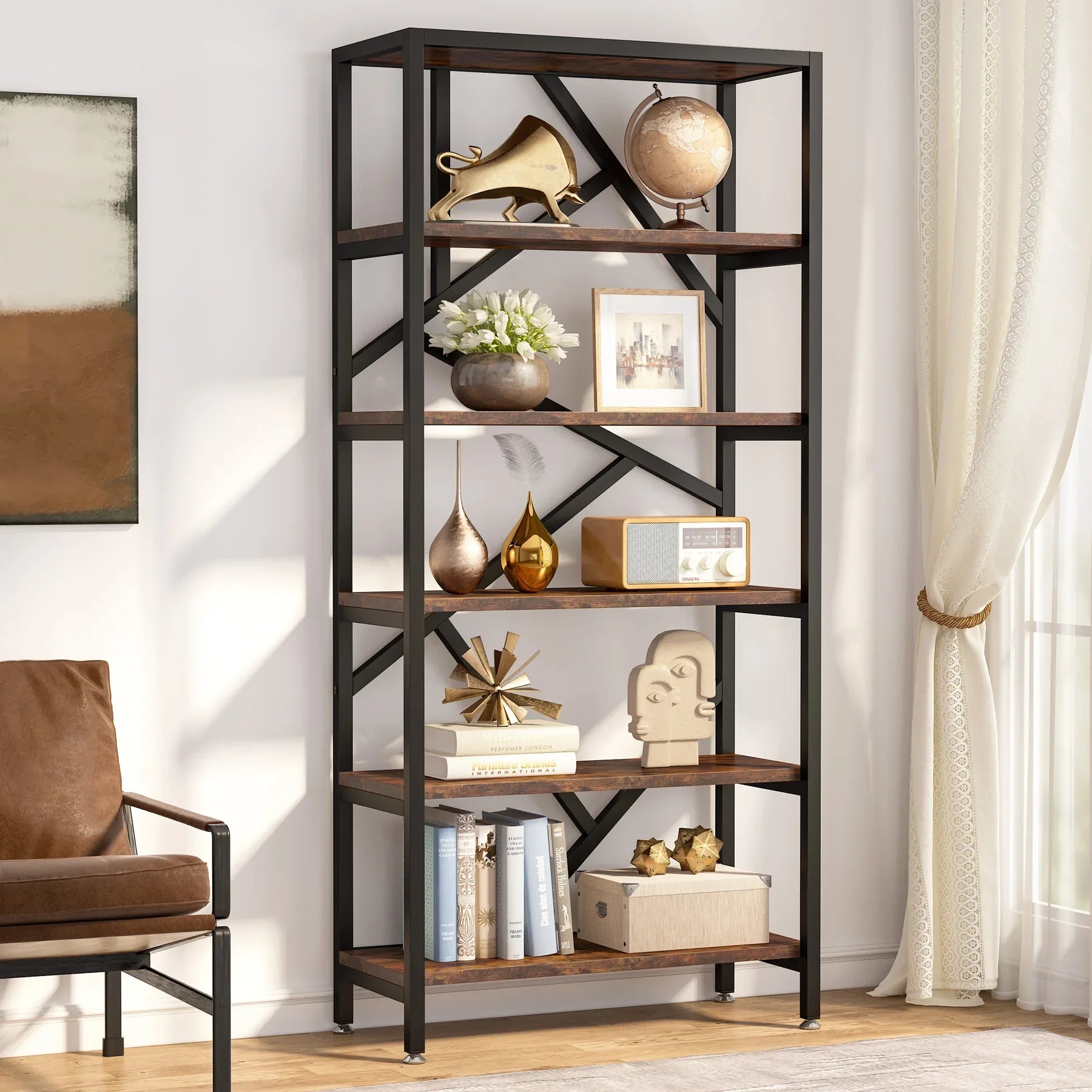 Shelving Units Organizer Industrial Wood Open Bookshelf in USA.