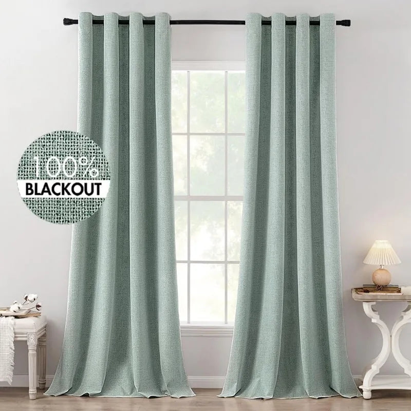 Blackout Linen Textured Curtains for Bedroom Solid Thermal Insulated G