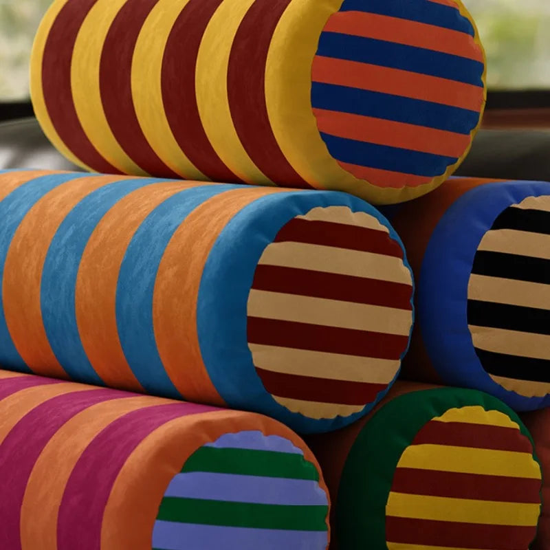 Long Round Pillows Retro Stripe Cushions Colorful Velvet