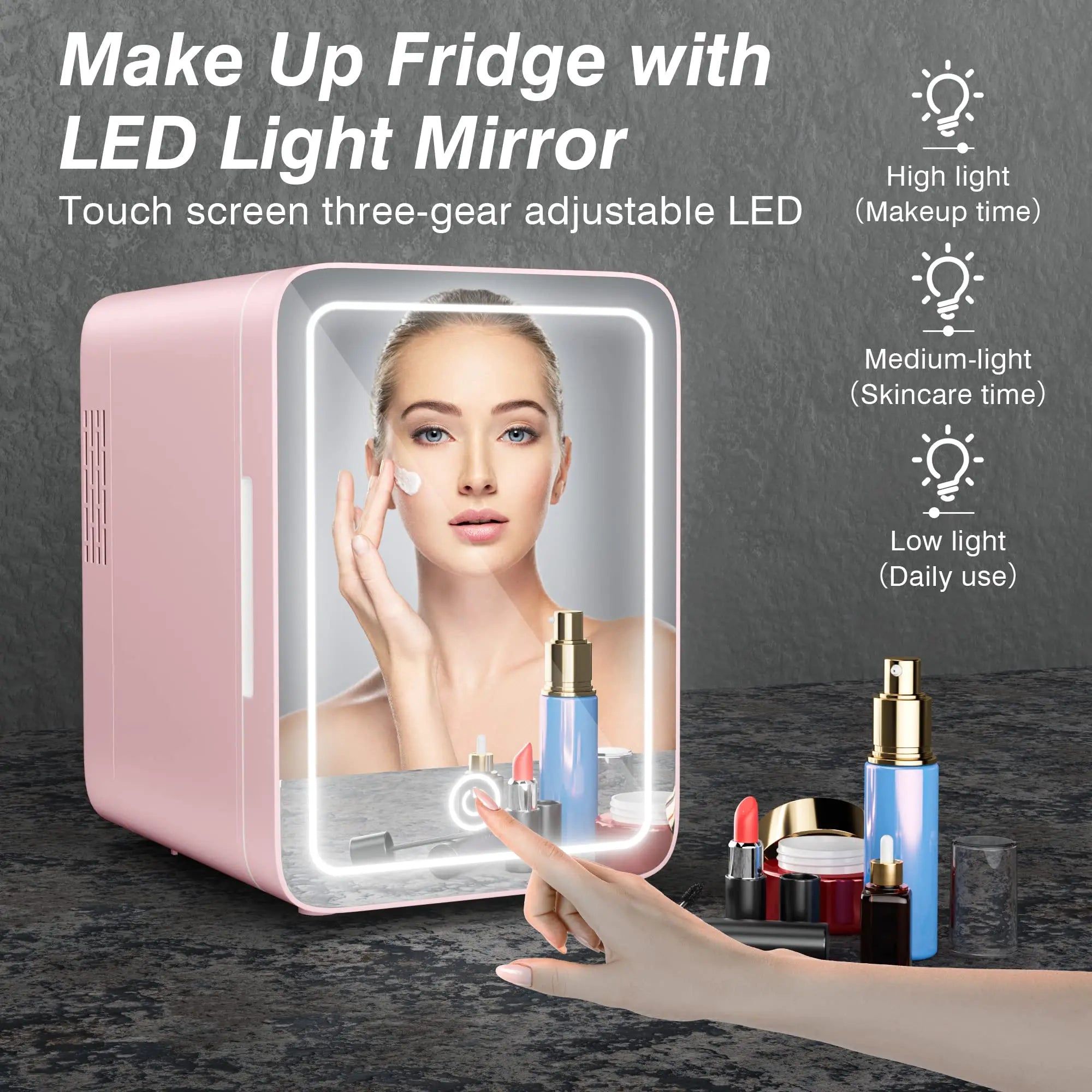 Mini Makeup Fridge Magnetic mirror door with LED light Pink in USA.