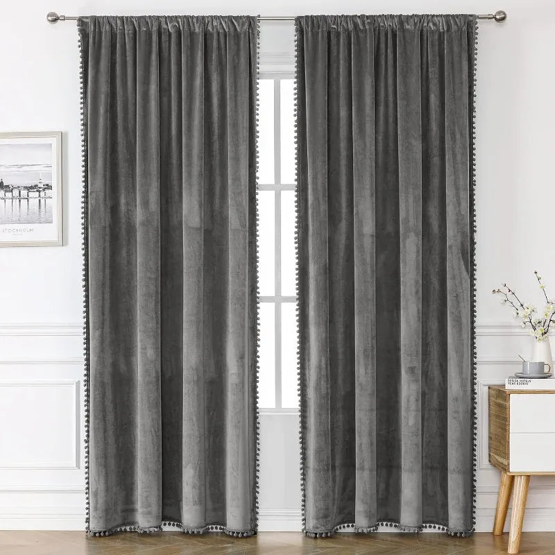 Pom Velvet Curtains for Bedroom, Blackout Curtains in USA