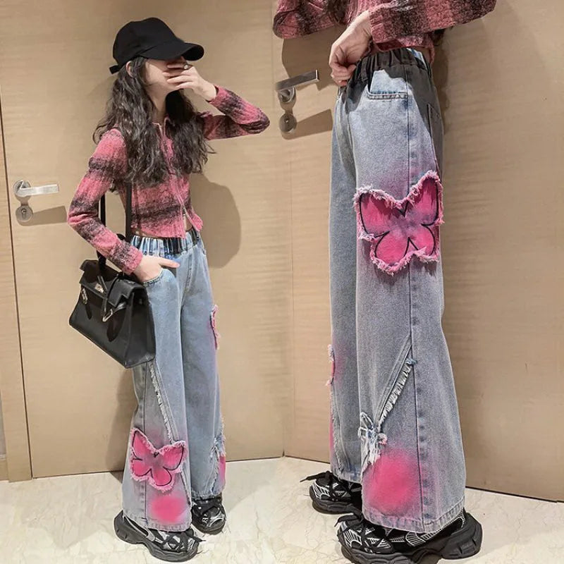 Girls High Waist Korea Style Long Jeans Teens Trousers in USA