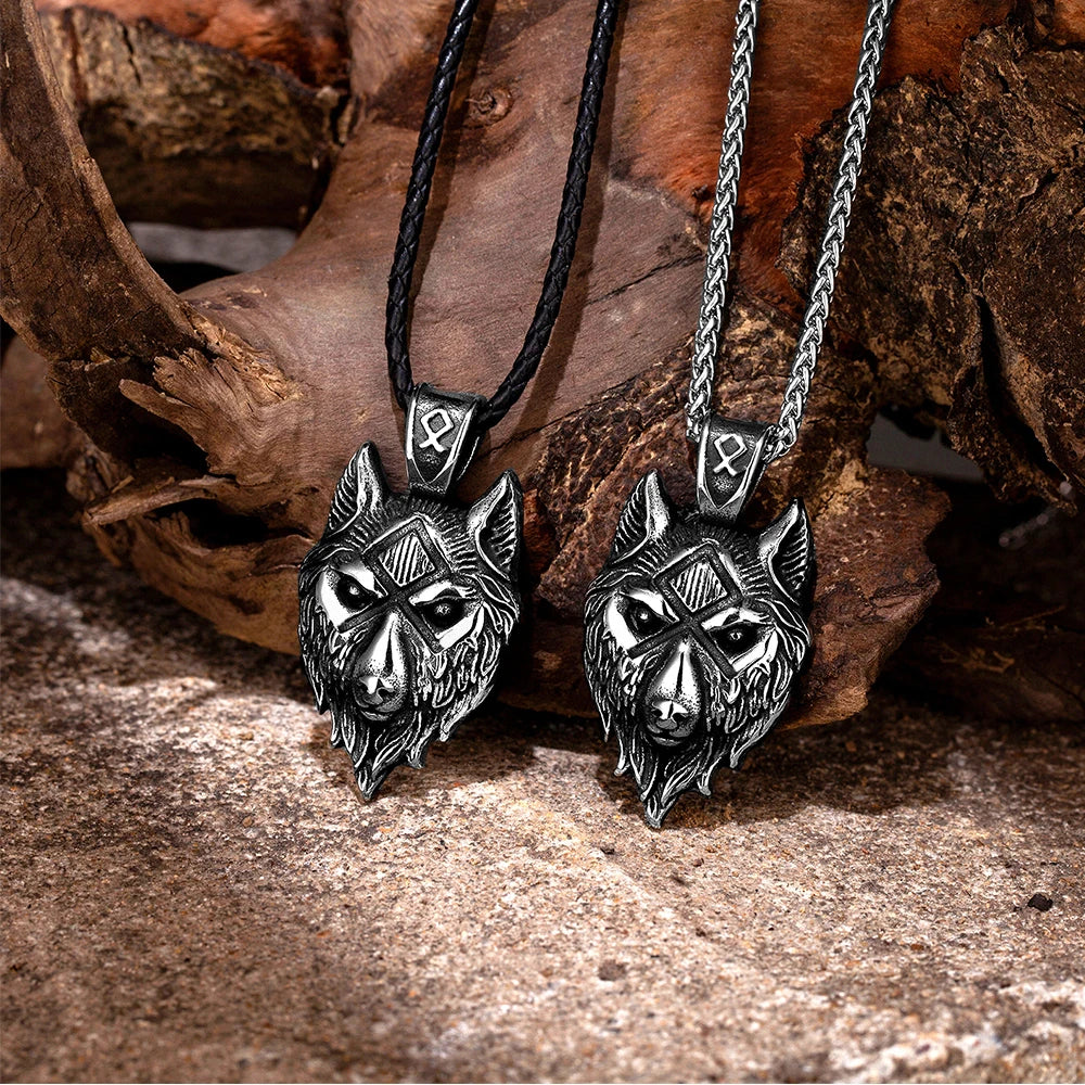 Punk Viking Wolf Necklace Men Norse Mythology Odin's Runes in USA