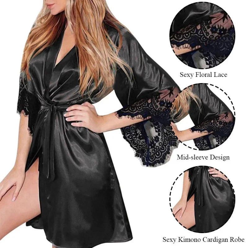 Women Night Gown Robe G String Floral Lace Bathrobe in USA