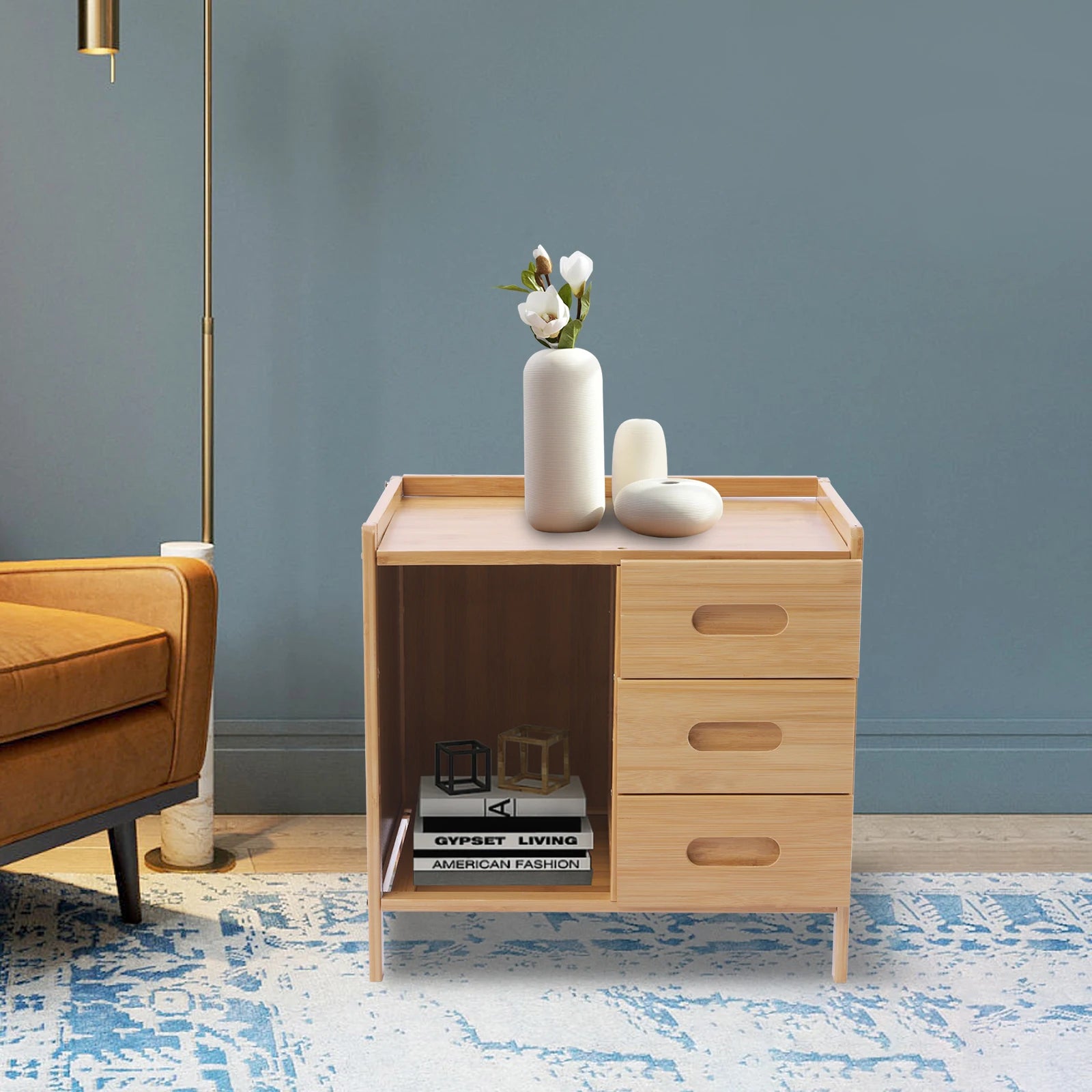 Drawer Modern Bamboo Nightstand Side Table Bedroom IN USA.