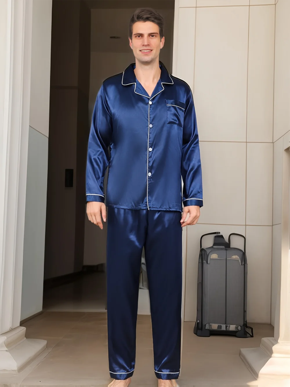 New Men Pajama Sets Sleepwear Man Shirt Silk Long in USA