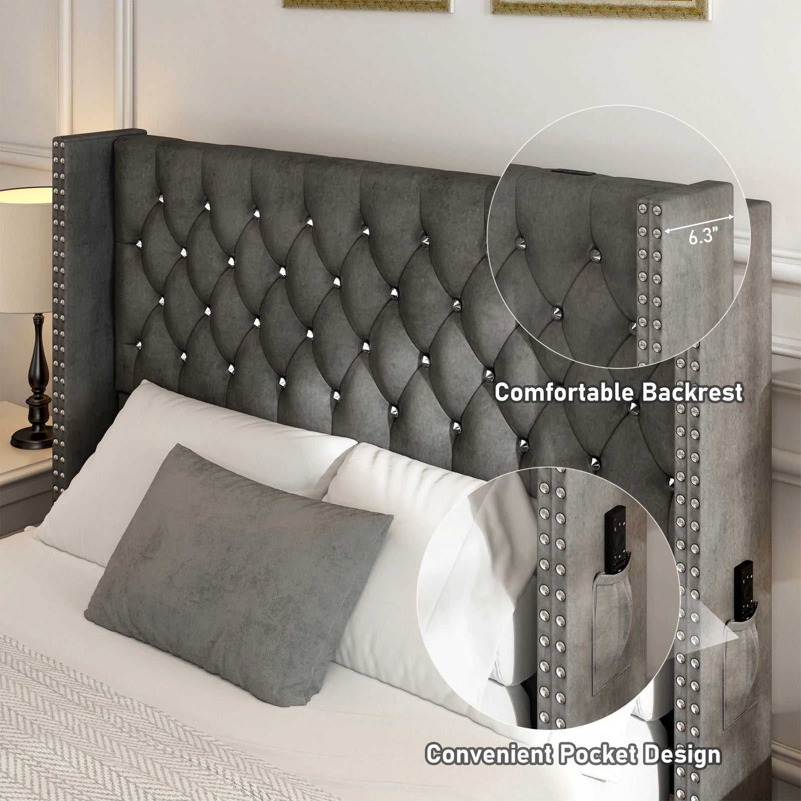 Queen LED Upholstered Bed Frame Wingback Headboard, IN USA.