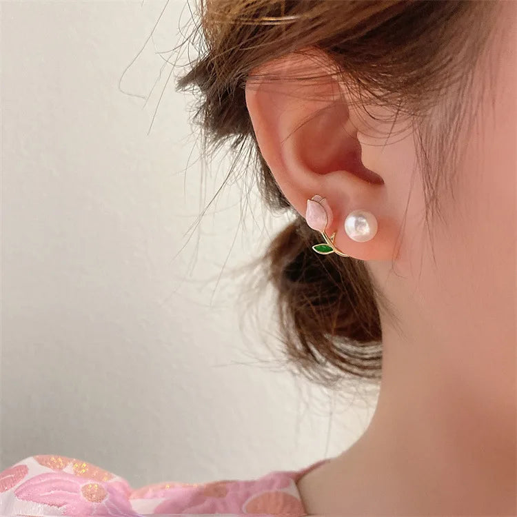 Sweet Fashion Enamel Pearl Tulip Flower Stud Earrings Women in USA