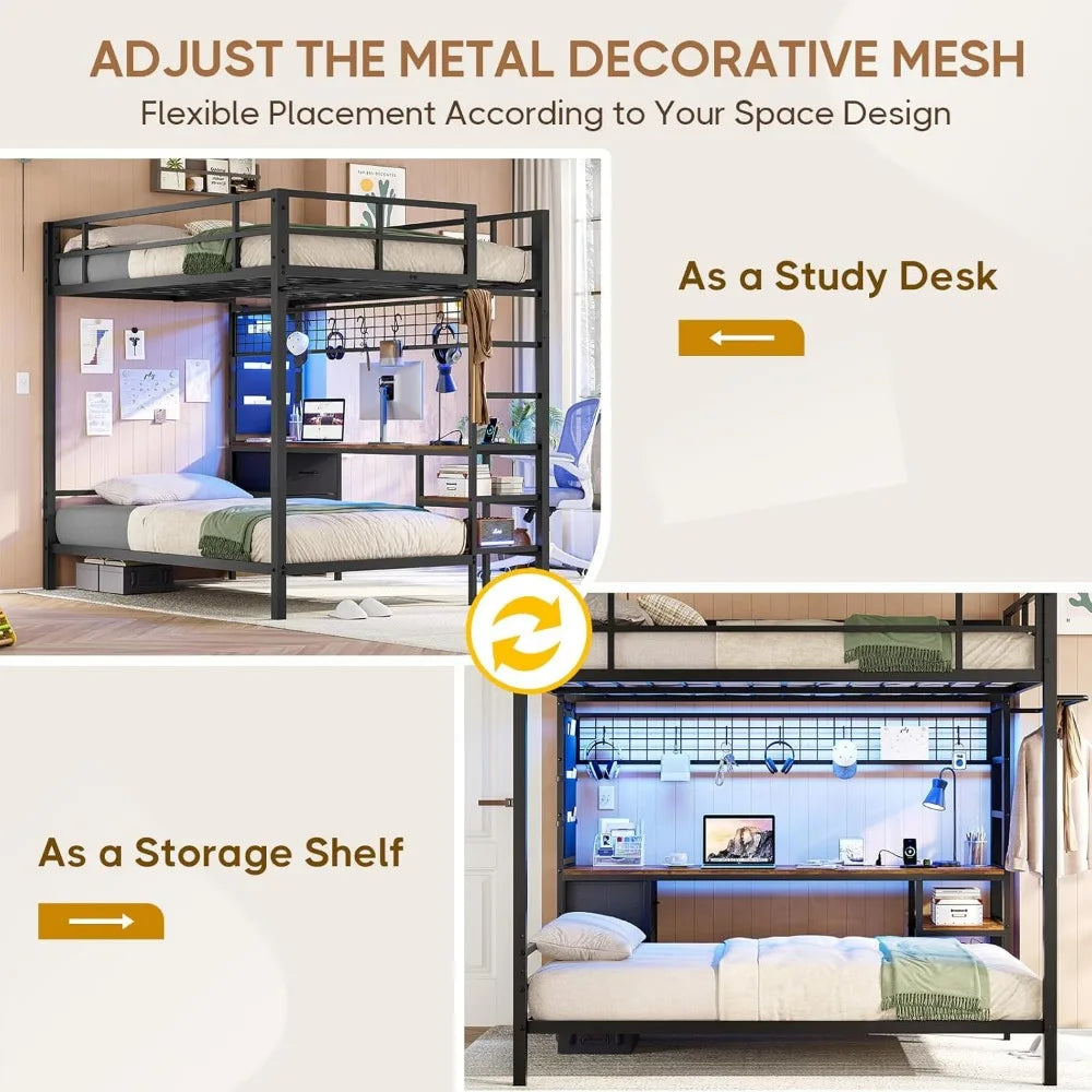 Twin Bunk Bed with Desk and Charging Station Metal