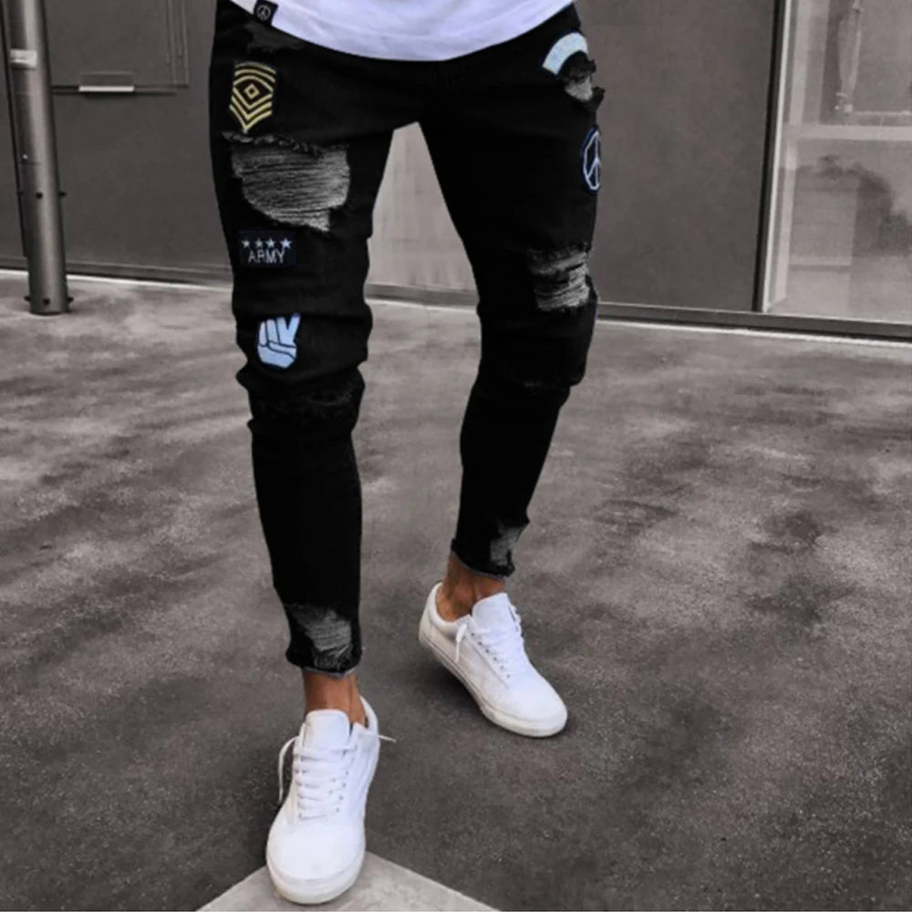 White Embroidery Skinny Ripped Jeans Men Cotton in USA