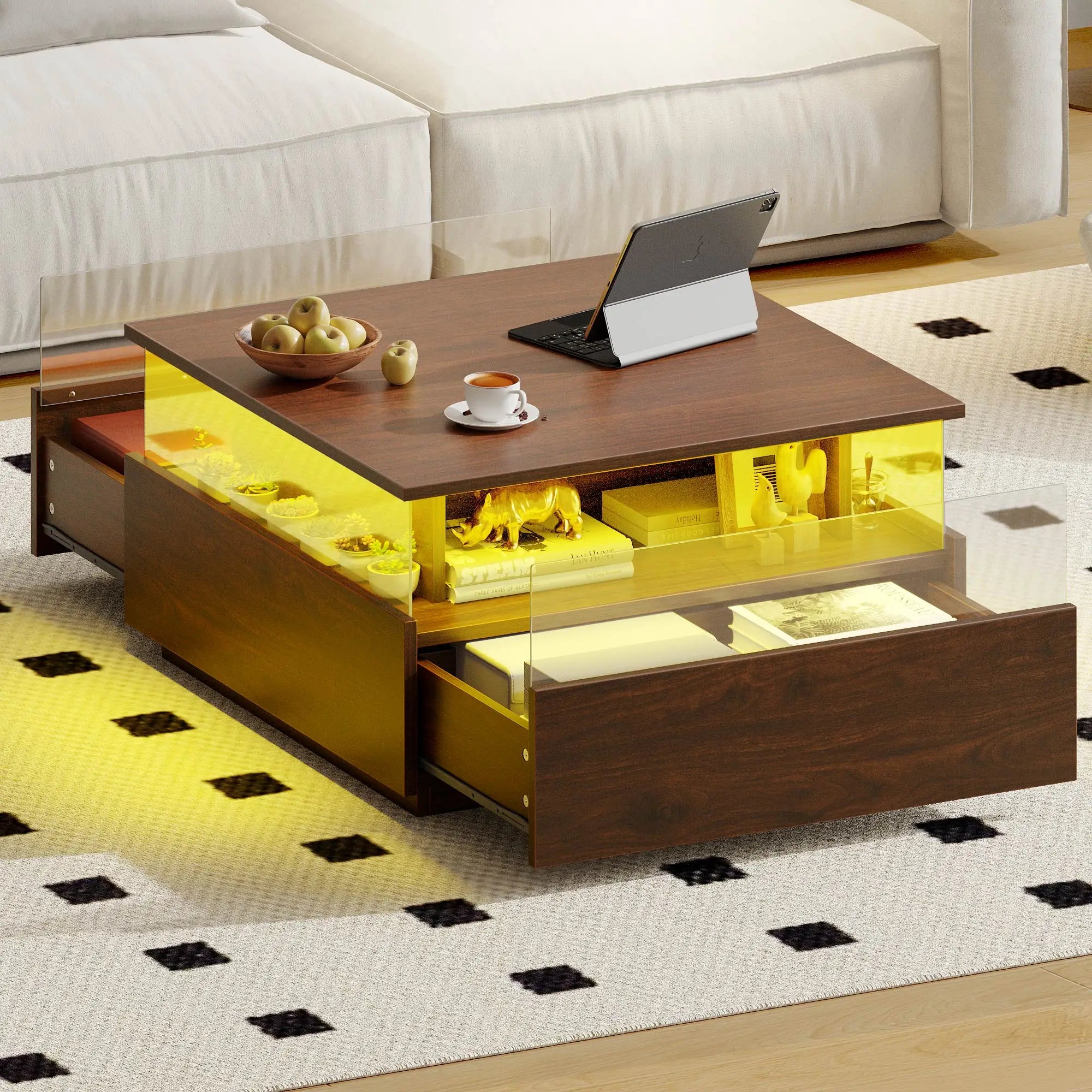 Square LED Coffee Table Drawers Acrylic Living Room IN USA.