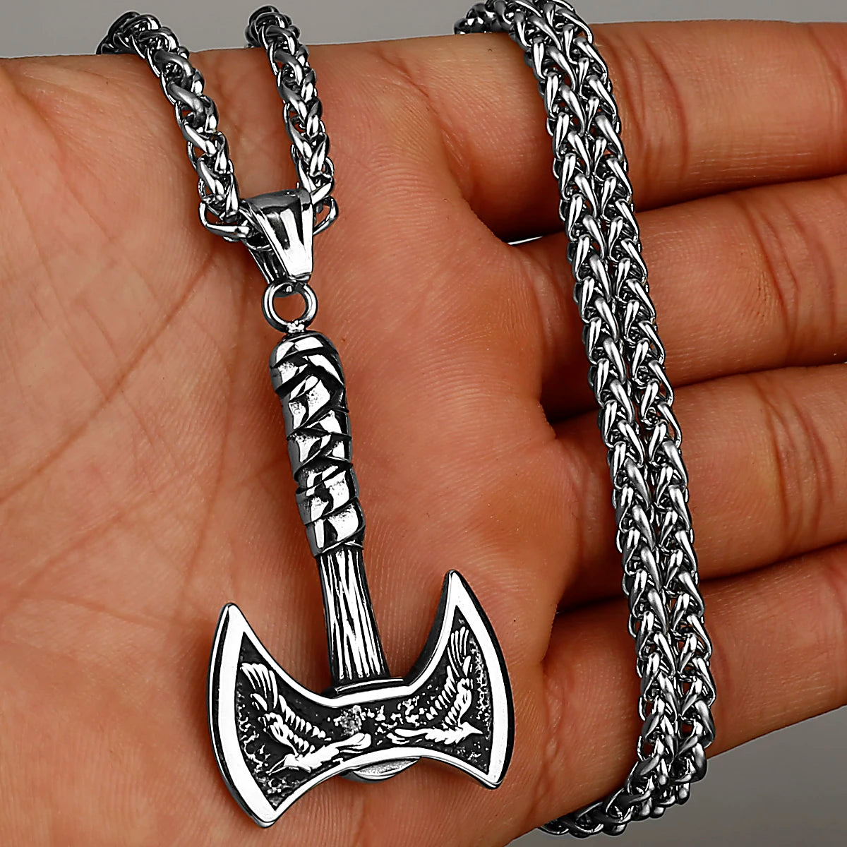 Viking Odin Raven Double Axe Necklace Mixed Gold Color Stainless Steel