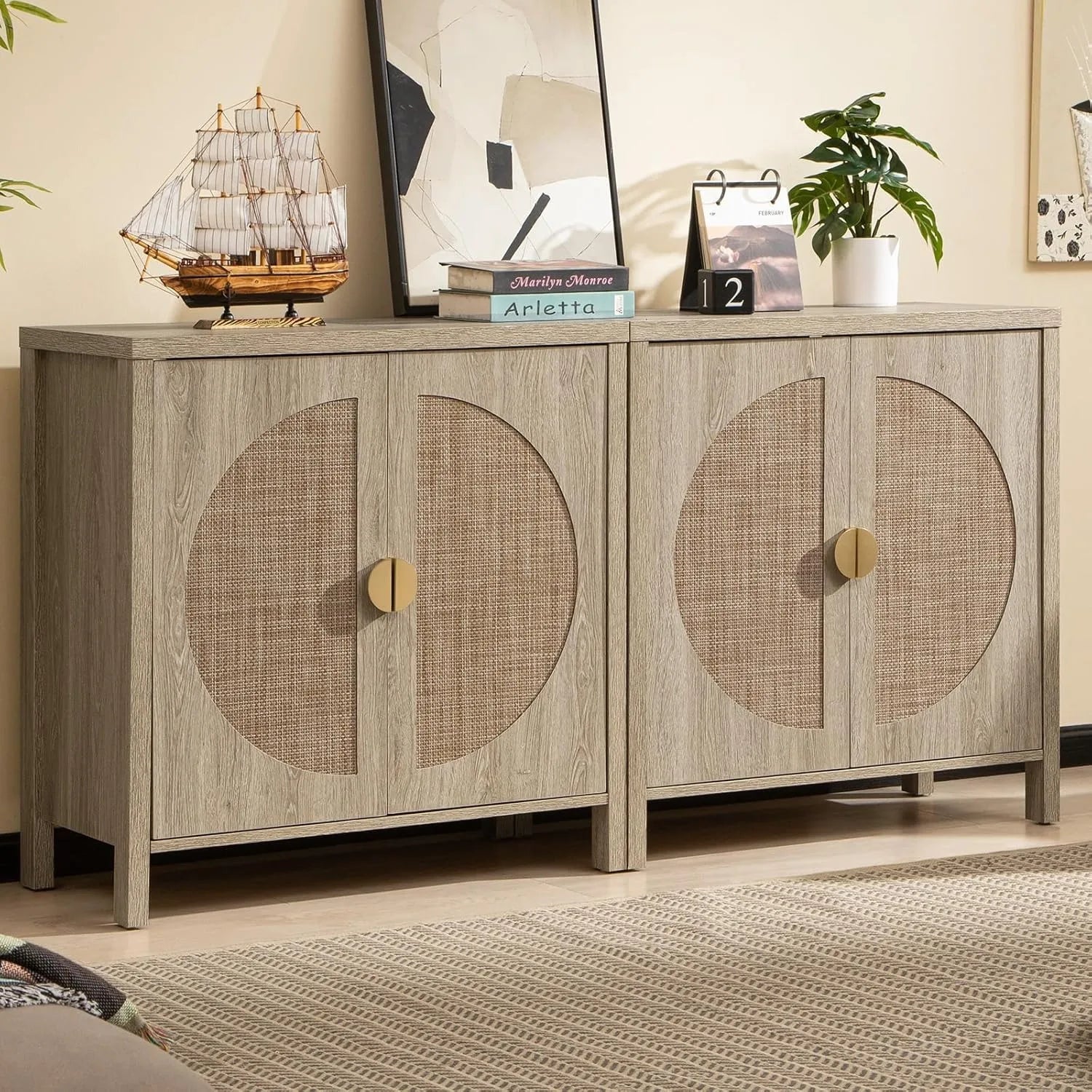 Rattan Buffet Cabinet Set Accent Sideboard Storage Cabinet IN USA.