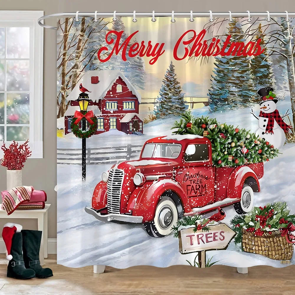 Christmas Bathroom Sets with Shower Curtain Rugs Red Truck in USA.