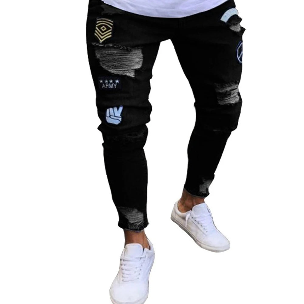 White Embroidery Skinny Ripped Jeans Men Cotton in USA