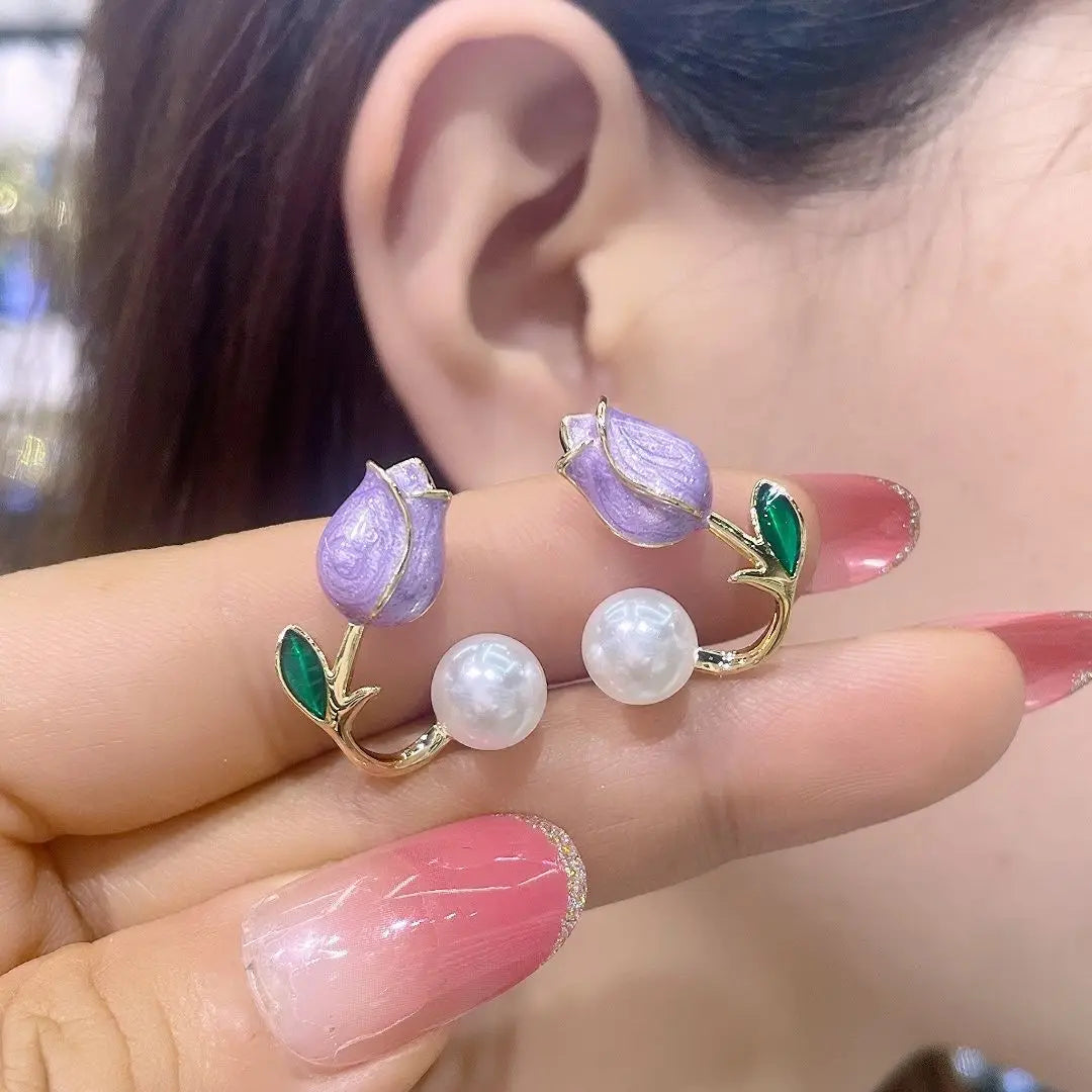 Sweet Fashion Enamel Pearl Tulip Flower Stud Earrings Women in USA