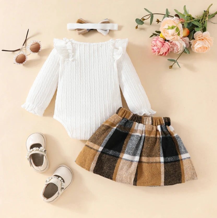 Plaid Print Skirt Headband Warm Baby's Clothes Set in USA