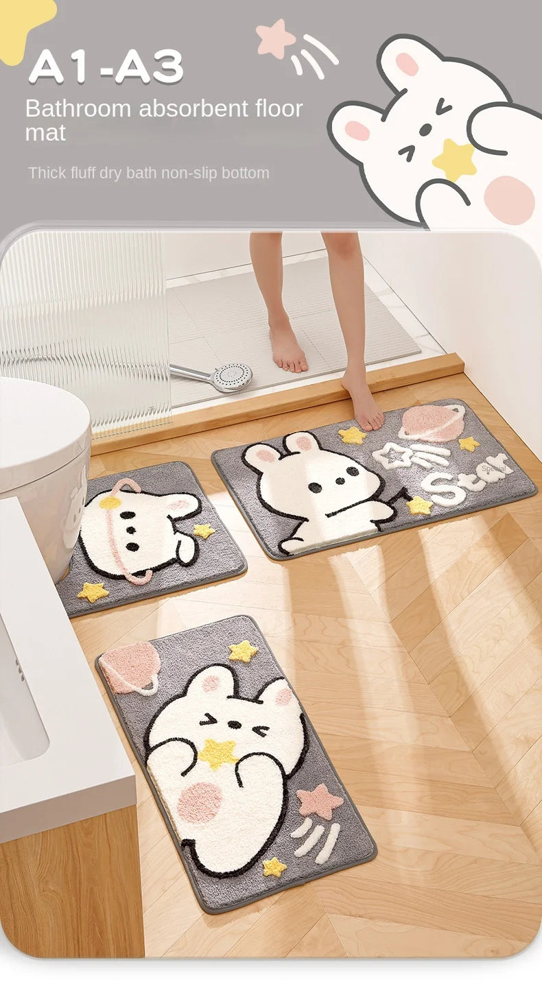 Cute Cartoon Rabbit Bath Mat Set High Quality Flocking