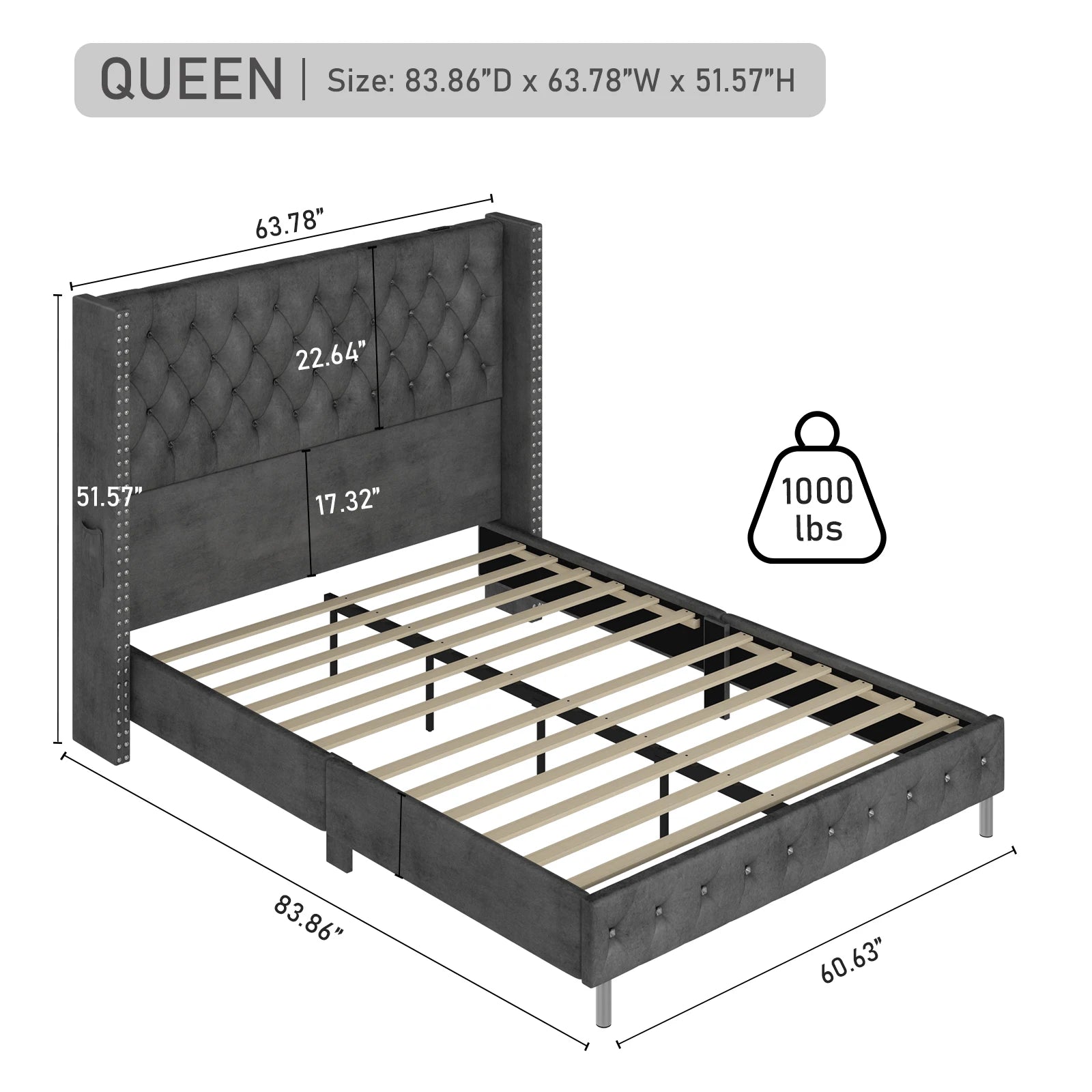 Queen LED Upholstered Bed Frame Wingback Headboard, IN USA.