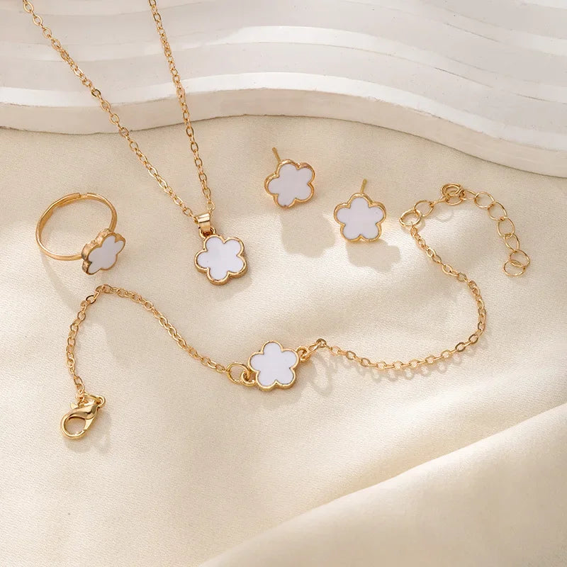 Flower Clover Earrings Necklace Ring Bracelet Four-piece Woman in USA