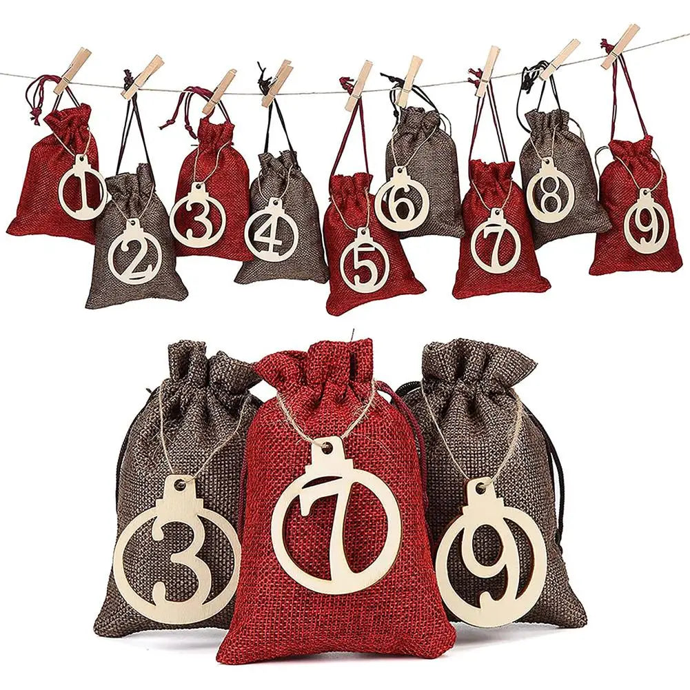 24PCS Christmas Advent Calendar Bags Set Burlap Advent Calendar Gift D