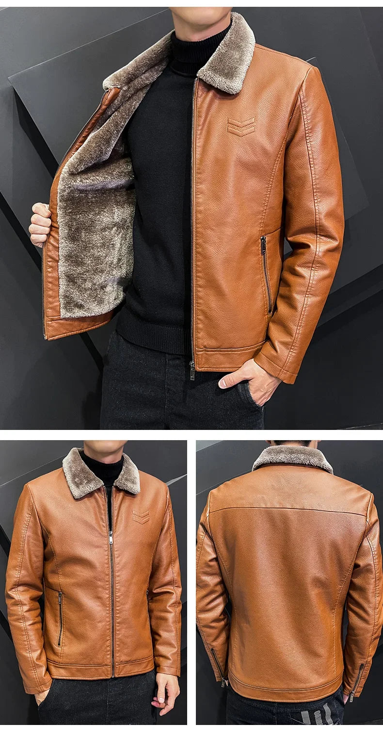 Vintage Brown Leather Jacket Men's Winter Faux Fur Collar IN USA.