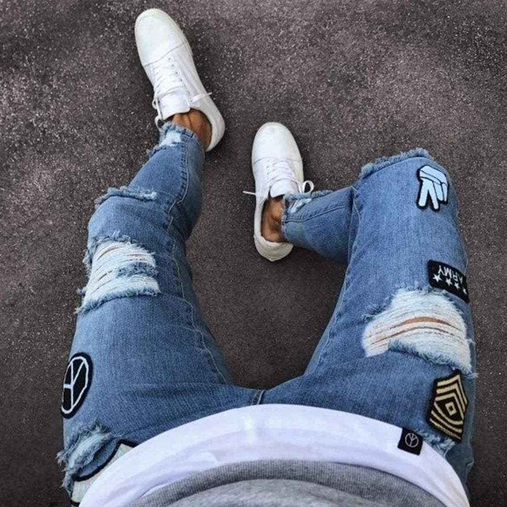 White Embroidery Skinny Ripped Jeans Men Cotton in USA