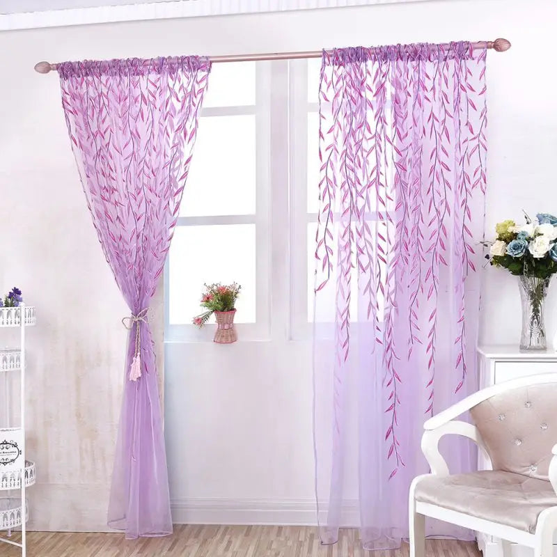 Green Purple Willow Sheer Curtains Window Yarn for Living Room Tulle C