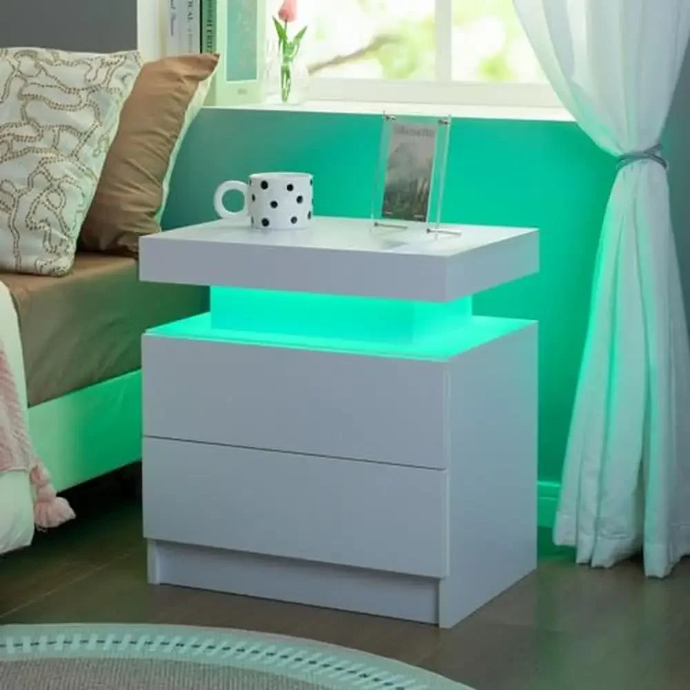 Set of 2 LED Nightstands with Remote Control and APP Bluetooth 2 Drawe