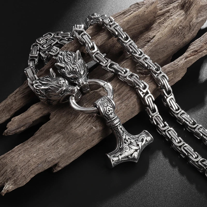 Nordic Necklace Double Wolf Head Thor's Hammer in USA