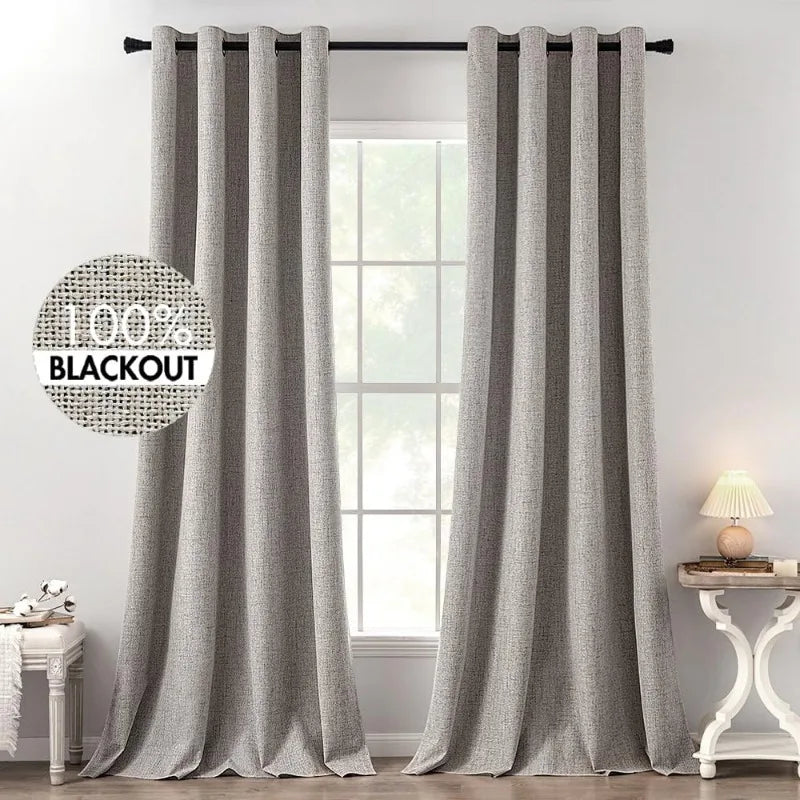 Blackout Linen Textured Curtains for Bedroom Solid Thermal Insulated G