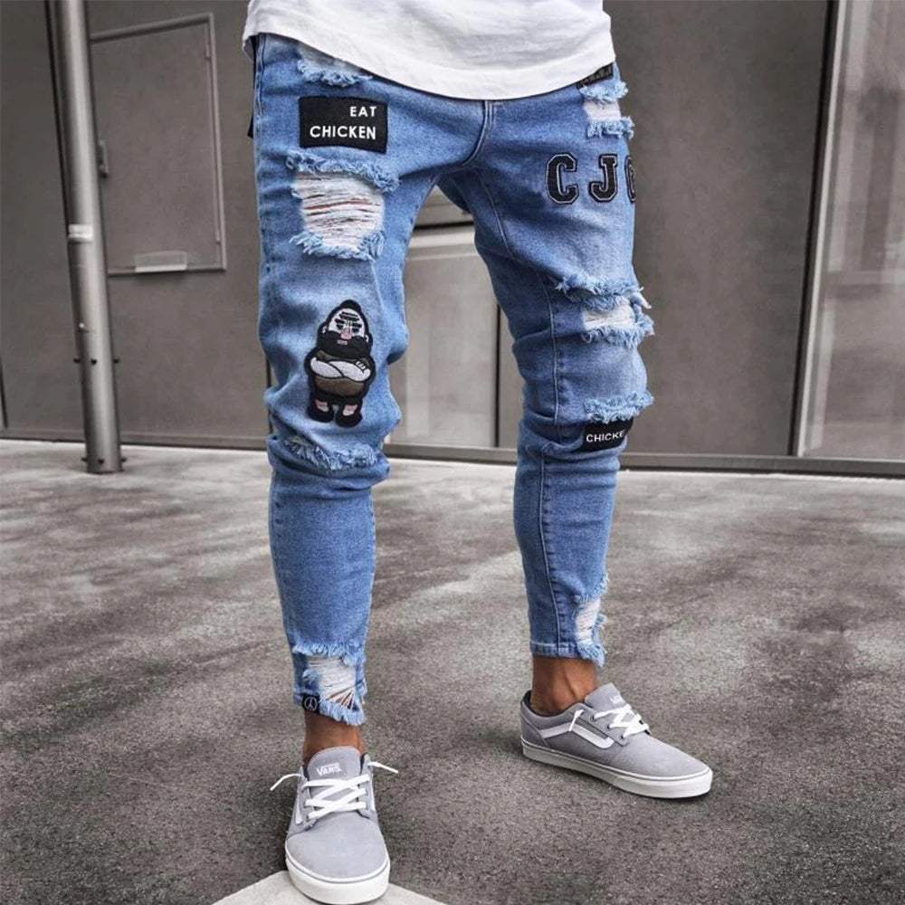 White Embroidery Skinny Ripped Jeans Men Cotton in USA