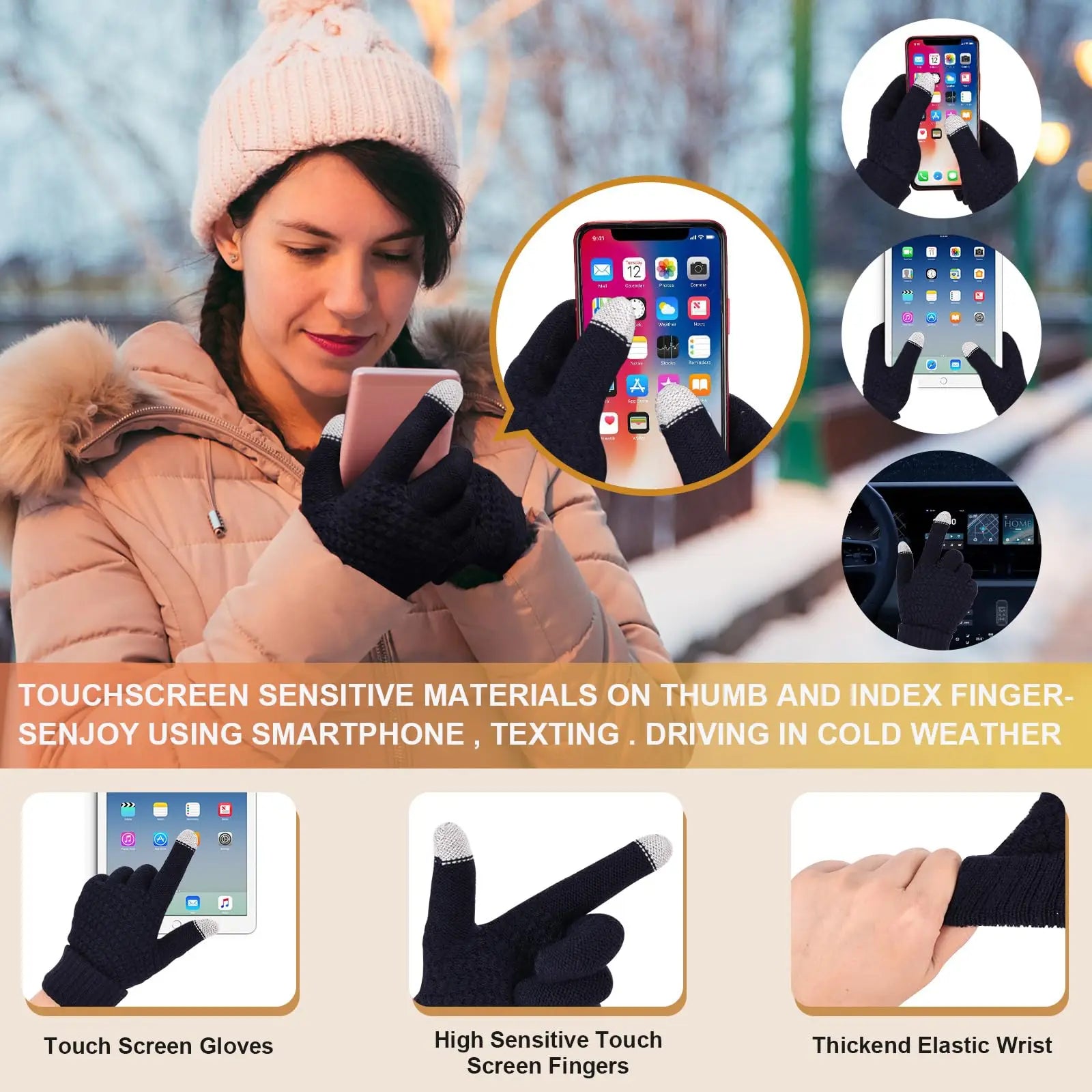 Knitted Hat and Scarf Set Touch Screen Gloves in USA