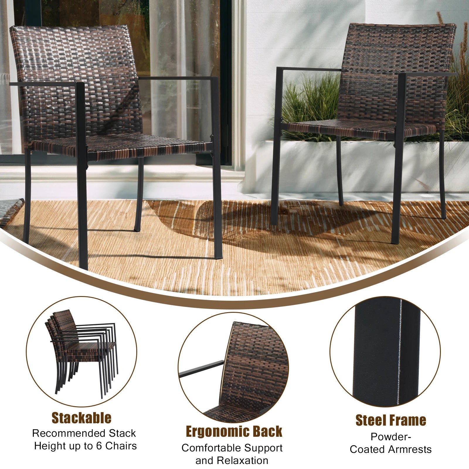 Brown Set Stackable Outdoor Wicker Patio Dining Chairs in USA.