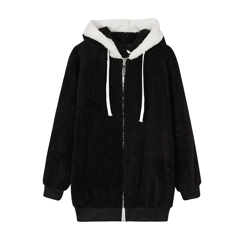 New Style Autumn And Winter Loose Plush Zipper Hooded Jacket Woman in USA