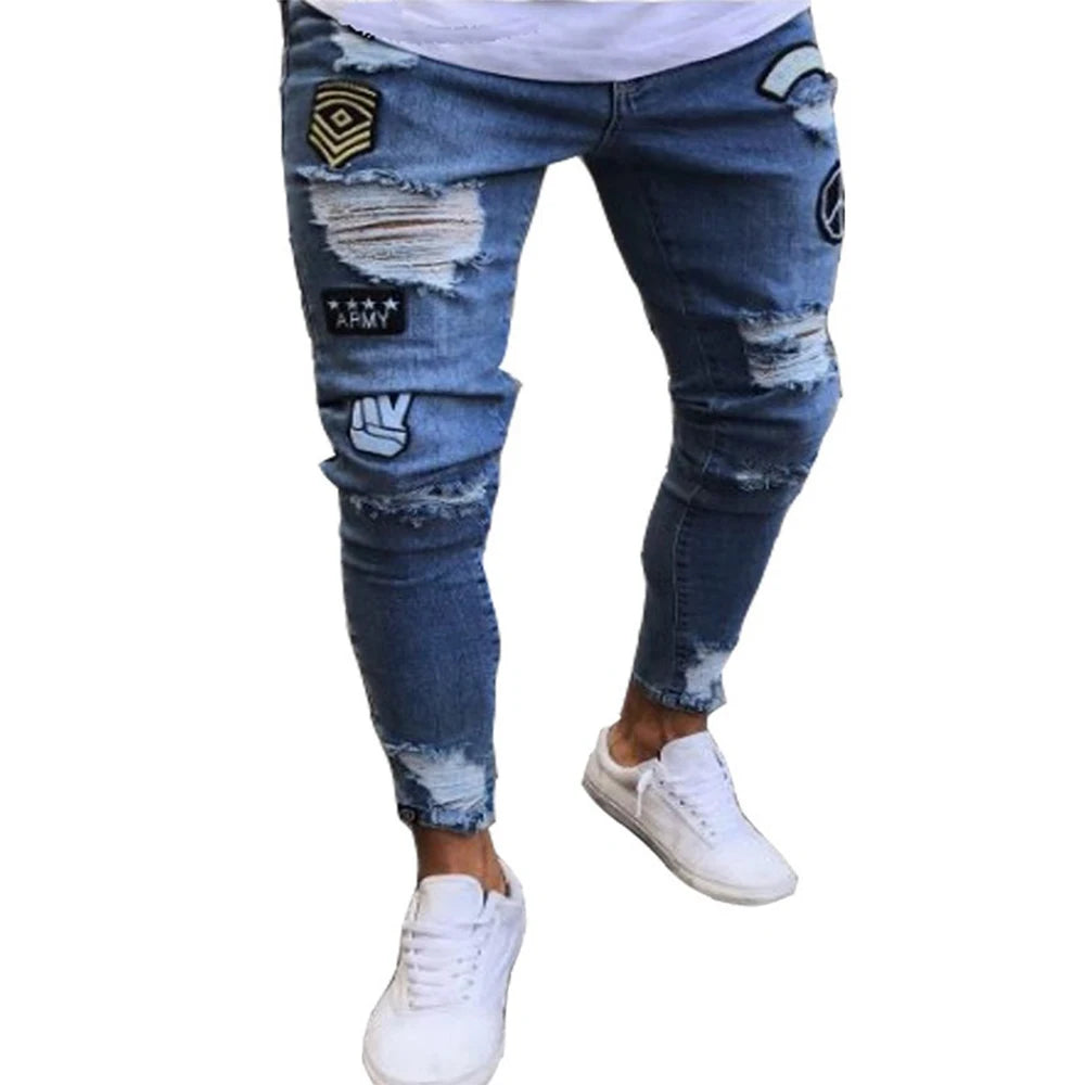 White Embroidery Skinny Ripped Jeans Men Cotton in USA