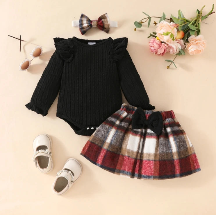 Plaid Print Skirt Headband Warm Baby's Clothes Set in USA