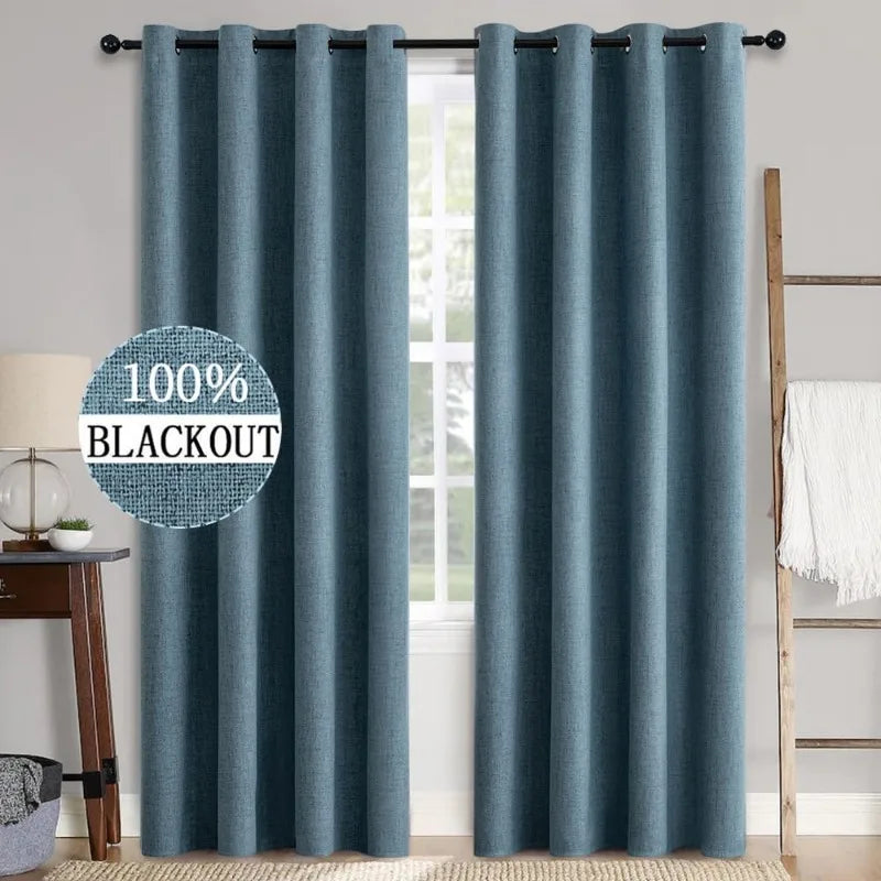 Blackout Linen Textured Curtains for Bedroom Solid Thermal Insulated G