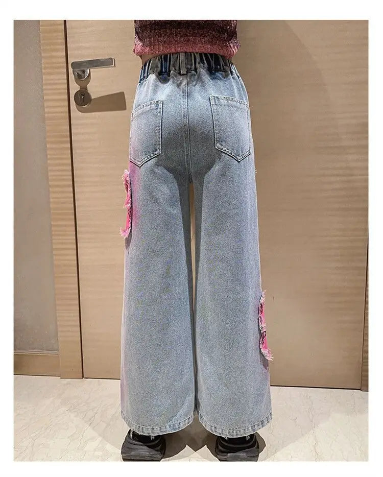 Girls High Waist Korea Style Long Jeans Teens Trousers in USA