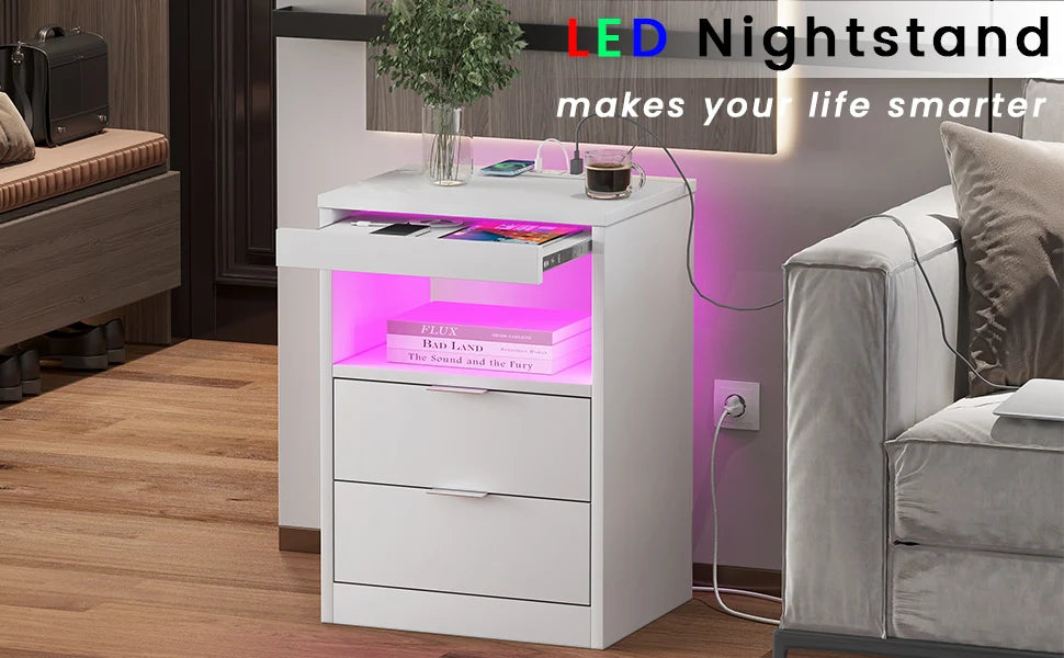 Nightstand White, Bedroom End Side Table LED Lights IN USA.