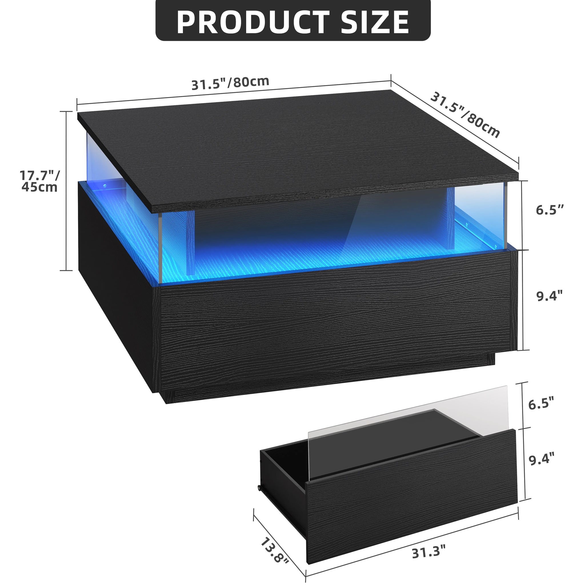 Square LED Coffee Table Drawers Acrylic Living Room IN USA.