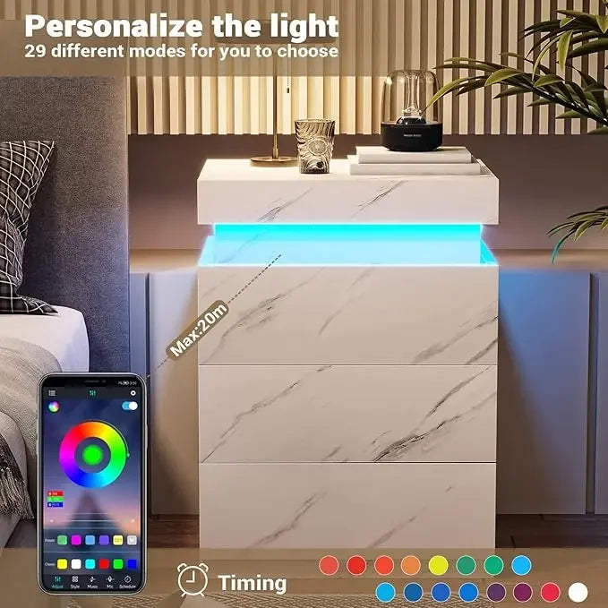 LED Bedside Table Bedroom Drawers USB Ports IN USA.