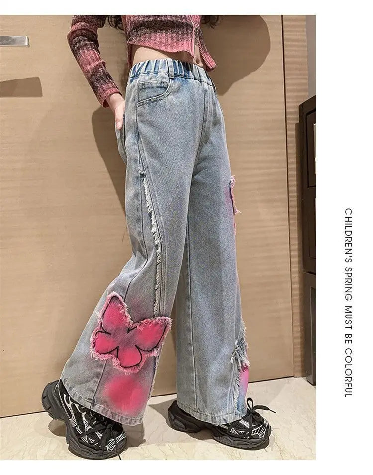 Girls High Waist Korea Style Long Jeans Teens Trousers in USA