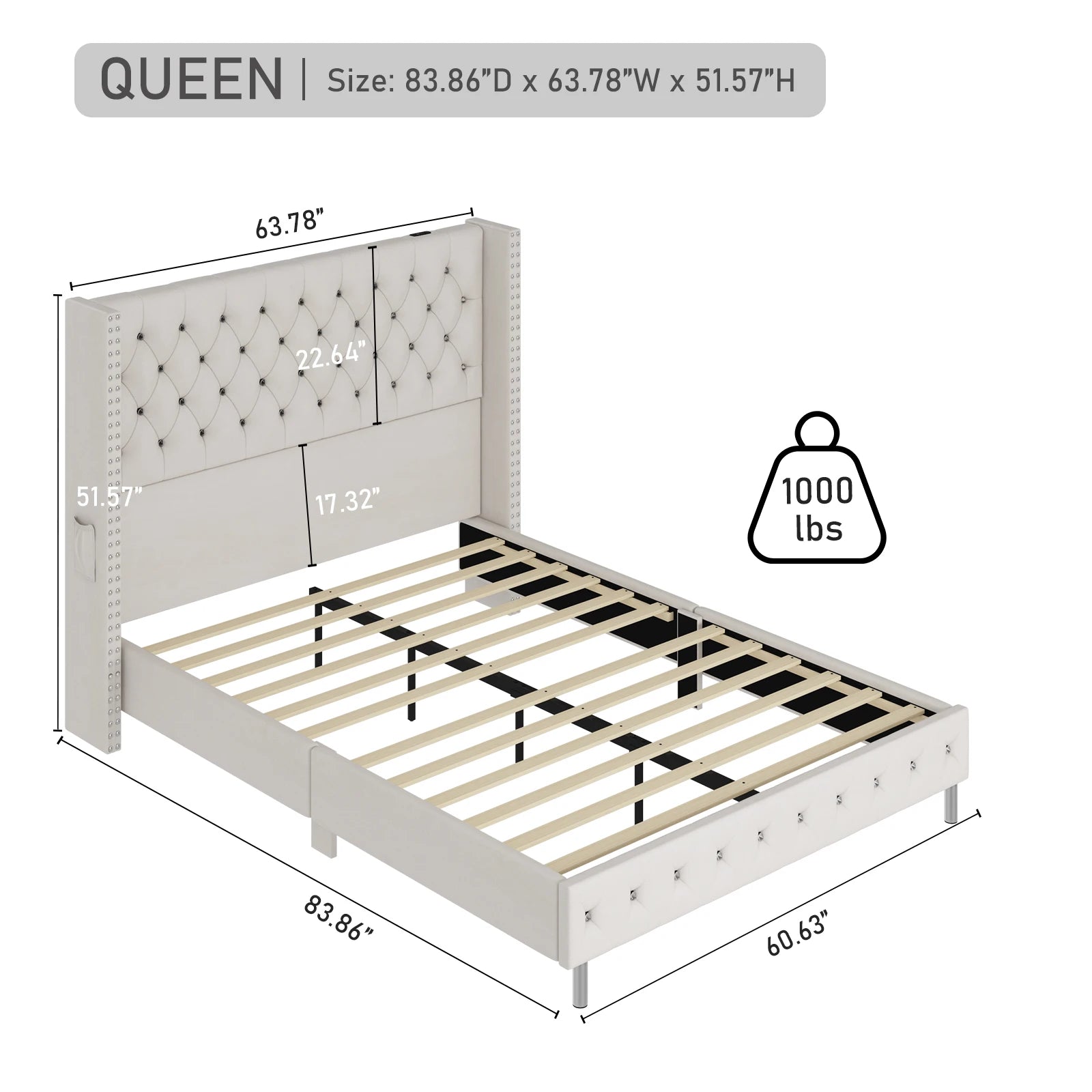 Queen LED Upholstered Bed Frame Wingback Headboard, IN USA.