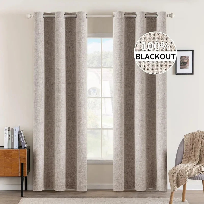 Blackout Linen Textured Curtains for Bedroom Solid Thermal Insulated G